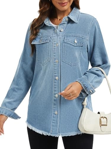 Bosmeer Oversized Denim Jackets for Women Button Down Denim Jacket Western Shacket Jacket with Pockets Frayed Hem Distressed Denim Shirts Country Outfits - Thumbnail 6