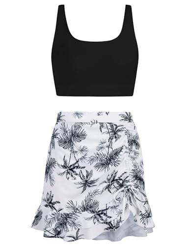 DAXIANG Teens Girls Two Piece Swimsuit Modest Ruffle Skirt Bathing Suit Adjustable Straps Tankini Set Removable Padded Black Size 14 - Thumbnail 4