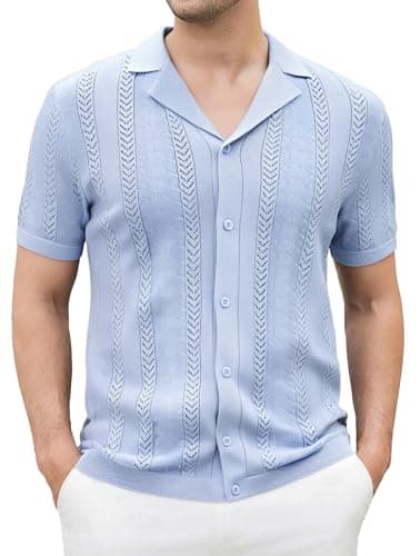 Esabel.C Men's Knit Button Down Shirts Short Sleeve Fashion Summer Casual Beach Shirts for Men,Light Blue194,XL - Image 1