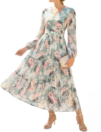 GRACE KARIN Women's Floral Long Sleeve Dress,Elegance Wedding Guest Dresses,Maxi Dress Green with Pink Yellow Flowers L - Image 1