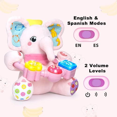 Ryotagift Baby Bilingual Musical Elephant Stuffed Animals Toys, Infant Early Learning Toy with Light-Up Music & Crinkle, Tummy Time Toys for 0 3 6 9 12+ Months for Baby Boy Girl Gift, Pink - Thumbnail 5