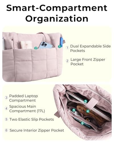 U+U Puffer Tote Bag for Women, Quilted Work Tote with 16" Laptop Sleeve, Luggage Sleeve & Yoga Mat Strap for Travel Gym School,Pink - Thumbnail 5
