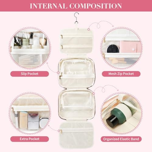 MDODO Travel Toiletry Bag for Women Hanging Cosmetic Organizer with Brush Compartment Makeup Bag for Full Sized Travel Essentials, Pinkish Purple - Thumbnail 5