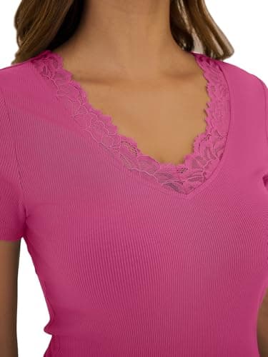 GKBK V Neck T Shirts for Women Lace Tops Going Out Casual Ribbed Tight Fitted Shirts Basic Tee Shirt 2026 Spring Clothes Summer Fashion Outfits Trendy Hot Pink - Thumbnail 4