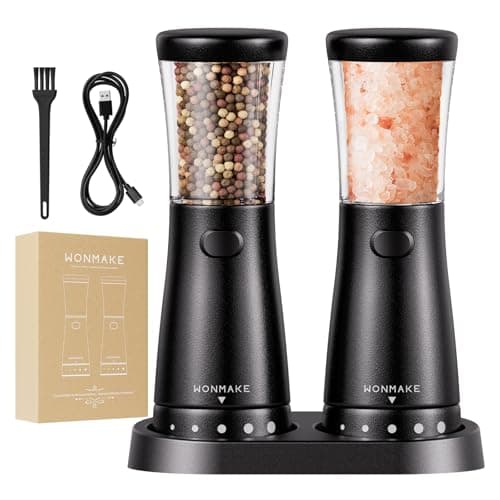 Electric Salt and Pepper Grinder Set with 4.5oz Large Capacity, Stainless Steel Rechargeable Salt and Pepper Grinder with 1.8" Wide Mouth, Storage Base,Adjustable Coarseness, and One-Hand Operation - Image 1