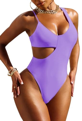 Pink Queen Women's High Cut One Piece Swimsuit Cutout Spaghetti Strap High Leg Monokini Bathing Suit Bikinis Purple M - Image 1