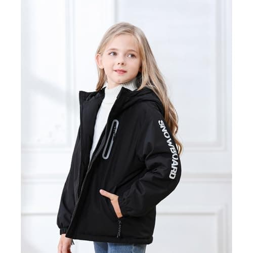 Girls' Waterproof Winter Ski Jacket – Warm Fleece Lined Windproof Snow Coat with Hood for Outdoor Adventure Black 11-12 - Thumbnail 5