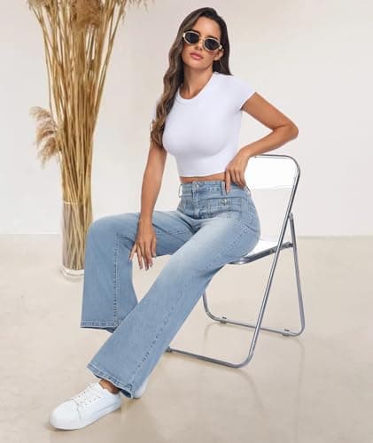 MARIASHA Wide Leg Jeans for Women, High Waist Stretchy Baggy Jeans, Blue Washed Denim Pants with Dual Pockets - Thumbnail 6