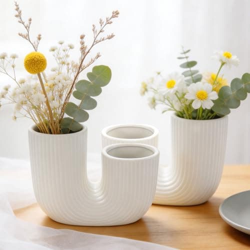 ISTOOLL U-Shaped Ceramic Vase for Table Decor, White Double mouthed Vases for Centerpiece for Living Room, Coffee Table Decor, Kitchen, and Office - Thumbnail 4