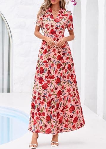 KIRUNDO Womens Floral Boho Flowy Maxi Dress, Pink Red Flower, Large - Thumbnail 2