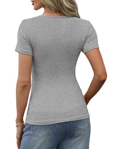 GKBK Short Sleeve Shirts Basic Tees Tshirts for Women Ribbed Fitted Tight Henley Shirts Dressy Casual Cute Spring Summer Tops 2025 Trendy Outfits Clothes Light Grey L - Thumbnail 2