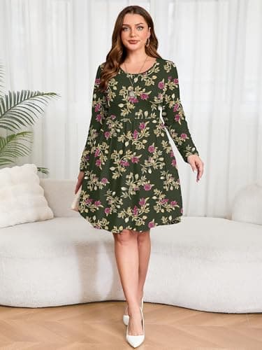 AusLook Women's Plus Size Long Sleeve Midi Dress Crewneck Casual Empire Waist Loose Flowy Dresses A-Line Boho Party 2025 Fall Winter Long Yellow Leaves Rose 1X Dress with Pockets - Thumbnail 5