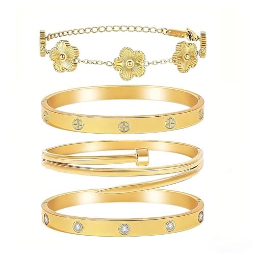 Womens Stackable Floral Gold Bracelets - 4Pcs 18K Gold Plated Bracelet,Stainless Steel Bangle Bracelets Non Tarnish,Gold Bracelet Set Fashion Jewelry,Valentines Birthday Christmas Jewelry Gifts - Image 1