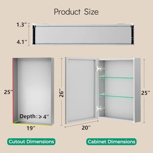 BROBIG 20 x 26 Medicine Cabinet Mirror, Moisture-Proof Aluminum Bathroom Medicine Cabinet with Mirror, Bathroom Mirror Cabinet with Adjustable Shelves, DTC Hinges, Recessed/Surface-Mounted - Thumbnail 2