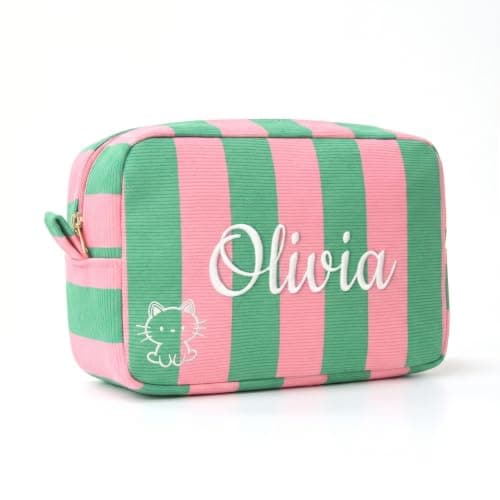 VKPOYNRO Custom Name Makeup Bag, Striped Padded Cosmetic Organizer, Dual-use Travel Toiletry Bag, Large Capacity Zipper Storage Pouch, Elegant Gift for Women