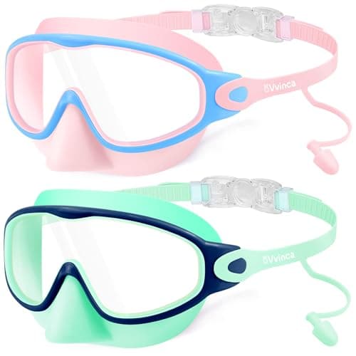 Vvinca Kids Swim Goggles 2 Pack with Nose Cover and Attached Earplugs, Wide View Anti-Fog/UV Swimming Goggles for Age 3-12 Boys Girls, No Leak Pool Water Clear Swimming Goggle for Youth Toddler