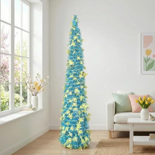 5FT Pop Up Easter Tree with 50 LED Lights Butterfly Foldable Collapsible Tinsel Spring Decorations for Home, Sturdy Metal Stand, Easy Assembly Artificial Tree for Apartment, Living Room, Porch Decor - Image 1