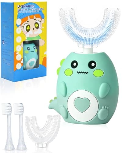 Kids Electric U Shaped Toothbrush, Sonic Automatic Toothbrush Kids with 4 Brush Heads, 3 Cleaning Modes, Cartoon Dinosaur IPX7 Waterproof 360º Round Toddler Electric Toothbrush(Green, Ages 2-12) - Image 1