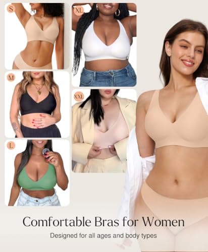 Jelly Bras for Women Wireless Push Up Seamless Bra No Underwire Comfy Supportive Bralettes Deep V Comfortable Tshirt Bras Nude - Thumbnail 5