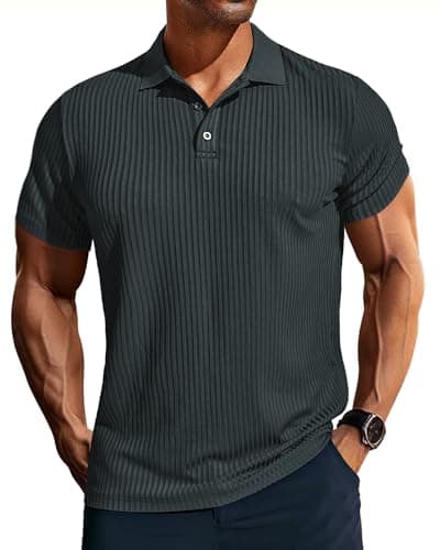 Men's Polo Shirts Short Sleeve Classic Textured Polo Sweaters Italian Knitwear Dark Gray XL - Image 1