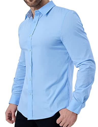 ZAFUL Blue Button Down Shirt Men Slim Fit Long Sleeve Stretch Collared Shirt Cotton Wrinkle Free Button Up Mens Tops Blue XX-Large - Thumbnail 6