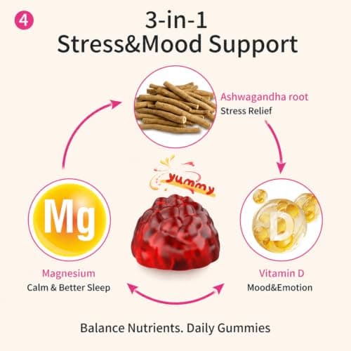 Ascool Ashwagandha Gummies for Stress Relief & Clam with Magnesium + Vitamin D – 90 Count Sugar-Free, Vegan Ashwa Supplements - Thumbnail 5