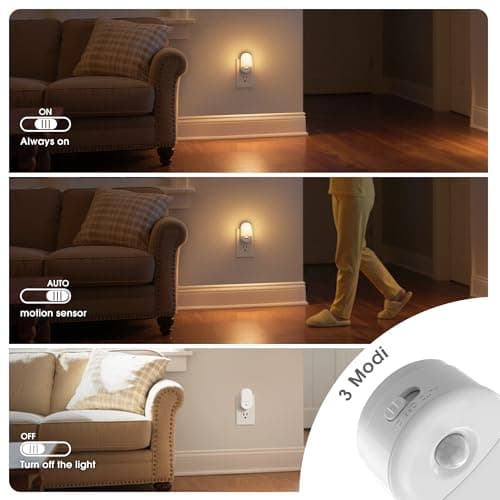 JandCase Motion Sensor Night Light, 2 Pack Motion Activated Night-Lights, 3000K Warm White LED Night Lights Plug into Wall, 30/60LM Adjustable Brightness, for Kids Adults Bathroom Bedroom - Thumbnail 3