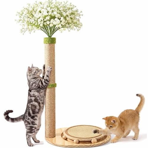 Catails Cute Babys Breath Flower Cat Scratching Post, 39" Tall Cat Scratcher, Interactive Cat Toys with Ball Track & Spring Ball, Cat Scratch Post with Pad for Indoor Cats Adults and Kittens