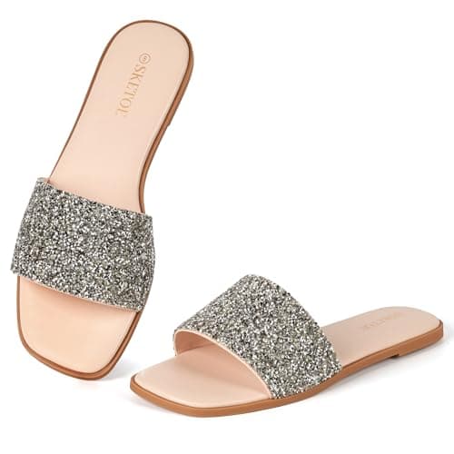 SKETOE Womens Sparkly Rhinestone Sandals Square Open Toe Sandal Slip on Summer Flat Sandals for Beach Wedding Holiday Shopping - Thumbnail 4