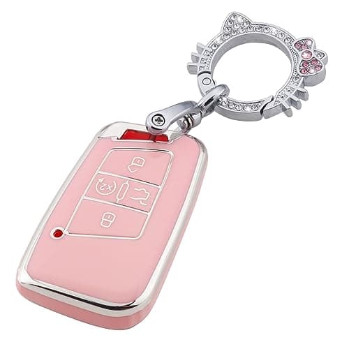 Pangpai Pink Key Fob Cover for VW Volkswagen, Soft TPU Key Case Protection with Bling Keychain Fit for Tiguan Atlas Jetta Passat Golf Alltrack Smart Key