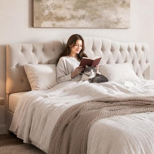 Iroomy Upholstered King Headboard, Button Diamond Tufted Headboard with Adjustable Height and Solid Wood Leg, Linen Fabric Padded Headboards for King Size Bed, Mordern Head Board, Beige - Image 1