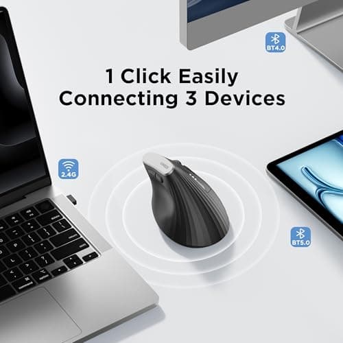 Uineer Wireless Ergonomic Mouse, Bluetooth Mice (BT4.0/5.0 and 2.4G) Rechargeable Vertical Mouse, 3 Multi-Device Connectivity for PC/Mac/Laptop/Computer, 4 DPI Quiet Clicks for Office, Home-Black - Thumbnail 4