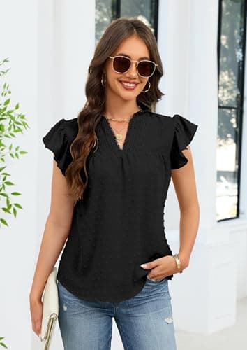 ECOWISH Womens Summer Tops Dressy Casual Ruffle V Neck Short Sleeve Blouses Swiss Dot Flowy Shirt Trendy 2026 Black Small - Thumbnail 3