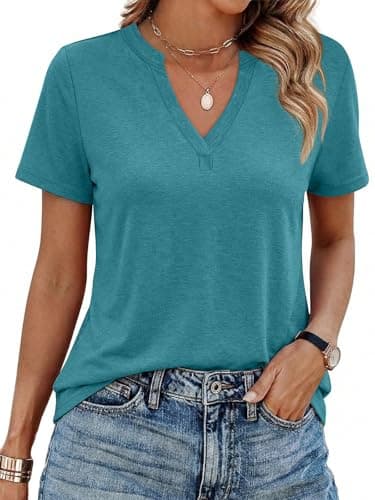 YESTTO Womens V Neck Summer Tops Short Sleeve T Shirts Loose Fit Casual Tee Trendy Basic Tops Lightweight Breathable Fashion Clothes 2026 Cyan - Image 1