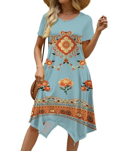 COSSEN Casual Summer Midi Dress for Women Blue-Printed Medium 2026 Short Sleeve Crew Neck Flowy Beach Dress with Pockets - Image 1
