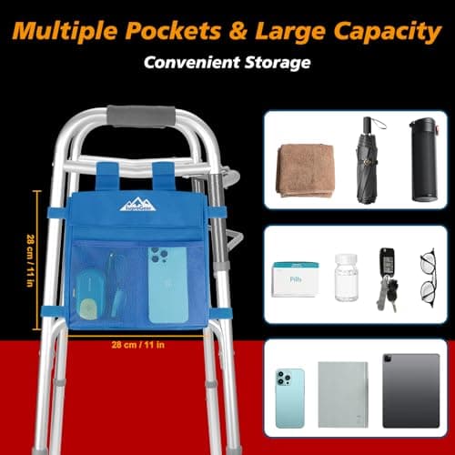supregear Walker Side Bag, Water Resistant Accessory Basket Pouch for Folding Walkers, Lightweight Hand Free Storage Carrier Tote, Universal Size Seniors Caddy Attachment, Blue - Thumbnail 2