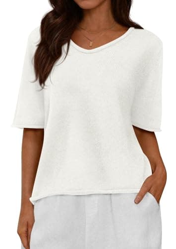 BTFBM Sweaters for Women 2026 Summer Oversized Half Short Sleeve Knitted Pullover V Neck‌ Casual Loose Fit Spring Tops(White, XX-Large) - Image 1