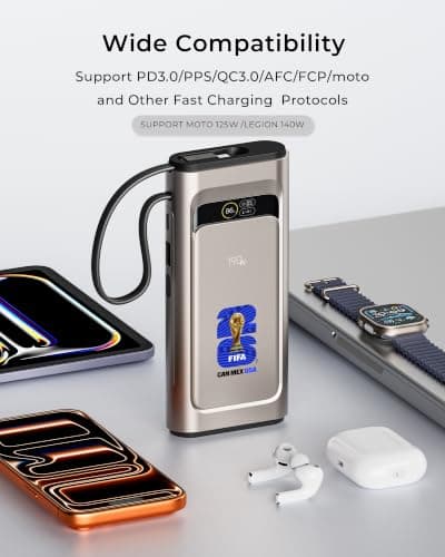 2026 FIFA Licensed 190W 20000mAh Power Bank for Laptop Portable Charger,3-Port USB-C PD Fast Charging Battery Pack with Built-in USB-C Cable for MacBook,Cell Phones,iPhone,iPad,Android,Samsung - Thumbnail 6