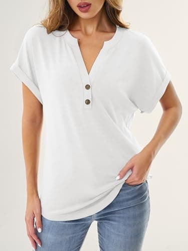 GKBK Womens Short Sleeve Henley Tops V Neck Business Dressy Casual Blouses Summer Loose Fit Trendy Tee Shirts 2026 Vacation Fashion Clothes White L - Thumbnail 6