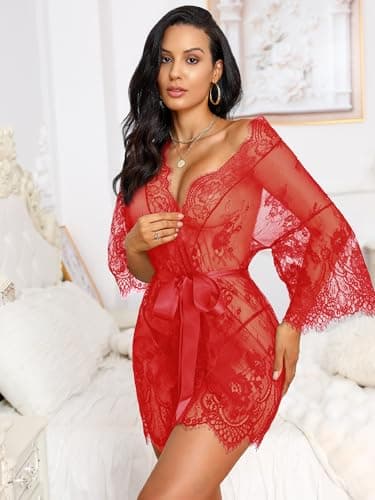 Rigeri Sexy Lingerie for Women Lace Kimono Robe Chemise Nightgown Red XL - Thumbnail 3