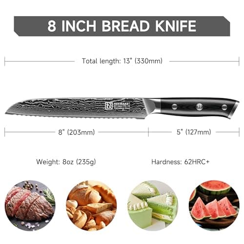 KEEMAKE Serrated Bread Knife, 8 Inch Japanese Damascus Kitchen Knife Wave Edge with G10 Ergonomic Handle, Cake Cutter Bread Slicing Knife for Sourdough Loaf Ciabatta - Thumbnail 2