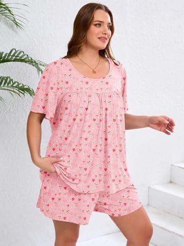 AusLook Women's Plus Size Pajama Sets Short Sleeve Top and Shorts Pink Tiger Hearts 2X Casual Comfy Soft Ladies Short Pajamas Set Loungwear Sleepwear Pjs Set 2 Piece Lounge Set with Pockets - Thumbnail 5