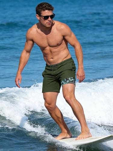 Cozople Mens Swim Trunks with Compression Liner Army Green Bathing Suit with Pockets Quick Dry Swimming Board Shorts Stretchy 5.5" Inseam Swimwear Rafting Surfing Diving Snorkeling Swimming Slides - Thumbnail 3