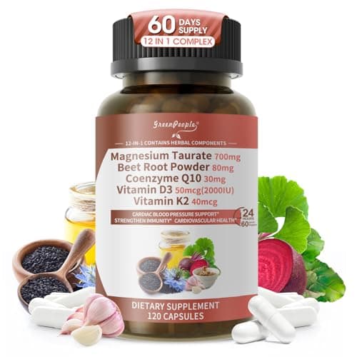 Magnesium Taurate Capsules, 12-in-1 Complex - Beet Root, CoQ10, Resveratrol for Heart Support, Immue Support, High Absorption Magnesium Taurate Complex Supplement for Men and Women, 120 Capsules - Image 1