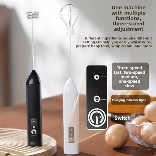 Milk Frother Handheld Rechargeable Electric Frother Wand Coffee Foam Maker with 2 Stainless Stee Whisks & 3 Speeds,Drink Mixer Handheld for for Latte, Cappuccino, Hot Chocolate, Matcha, Egg (Black) - Thumbnail 4