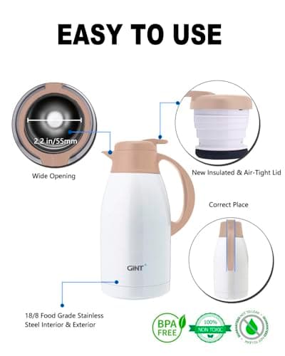 GiNT Stainless Steel Thermal Coffee Carafe, Double Walled Vacuum Thermal Carafe, Water and Beverage Dispenser,12 Hour Heat Retention，65 OZ /1.9 Liter White - Thumbnail 2