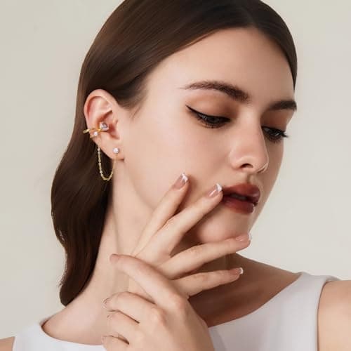 Cicy Bell 18k Gold Ear Cuff Stud Chain Earrings for Women Dainty Tassel Drop Dangle Cubic Zirconia Clip On Climber Crawler Wrap Earrings Jewelry Gifts Birthday Party - Thumbnail 4