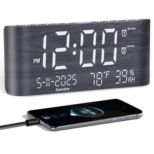PPLEE 8.7inch Digital Alarm Clock for Bedroom-Digital Clock with Day of Week Month Year Humidity & Temperature Brightness Snooze 2 Alarm Clock & 2 USB Charger Desk Clock for Heavy Sleeper