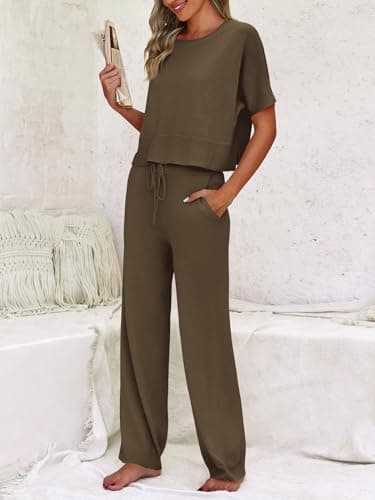 Fisoew Womens 2 Piece Outfits Sweater Sets Knit Split Crop Tops High Waisted Pants Lounge Set - Thumbnail 3