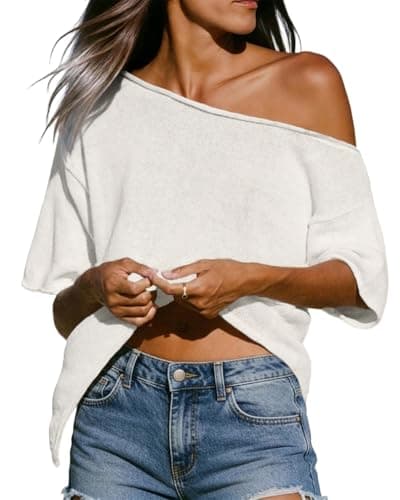 Jenisso Womens Off The Shoulder Crochet Cover Ups 2026 Summer Short Sleeve Side Split Asymmetric Roll Hem Knit Tops Cream White - Image 1